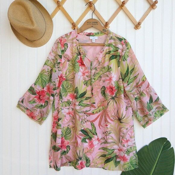 J Jill Pink Tropical Print Chiffon Tunic Top Size MP Hawaiian Tassels 3/4 Sleeve - Picture 2 of 11